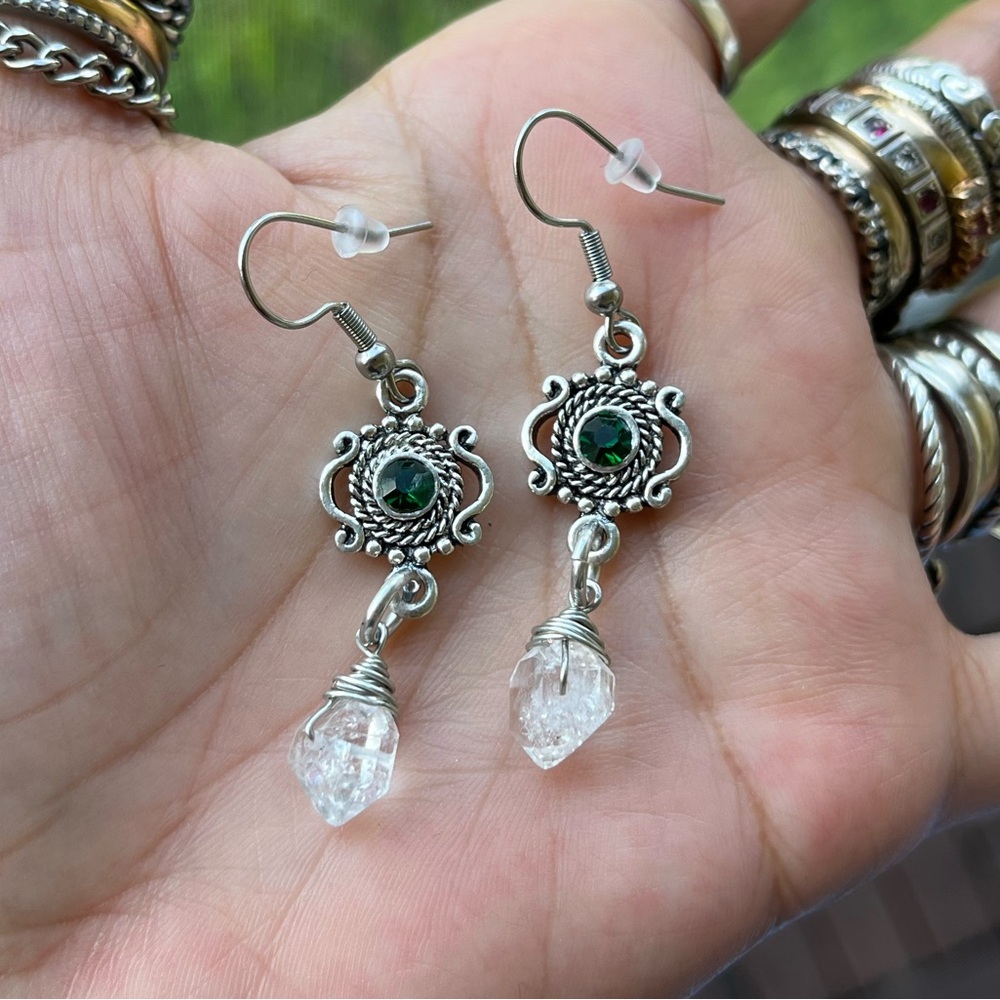 Genuine herkimer diamonds crystal quartz green cz emerauld dangly boho earrings - Picture 6 of 11